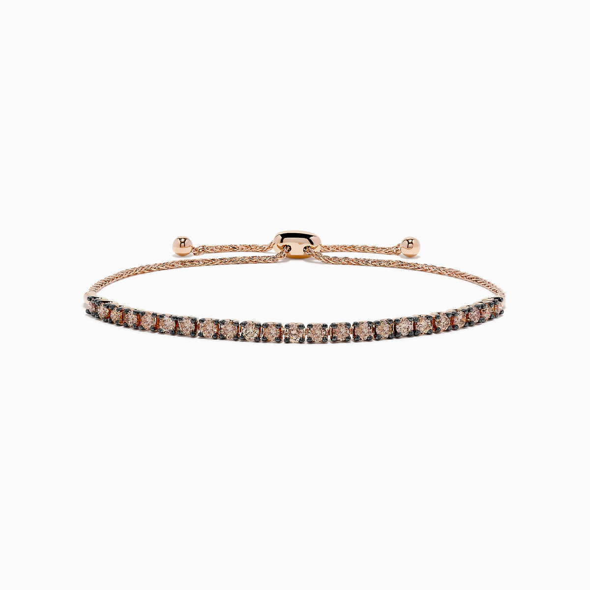The 14K Rose Gold Espresso Diamond Bolo Bracelet 1.35 TCW features sparkling espresso and clear stones in a delicate adjustable sliding design.