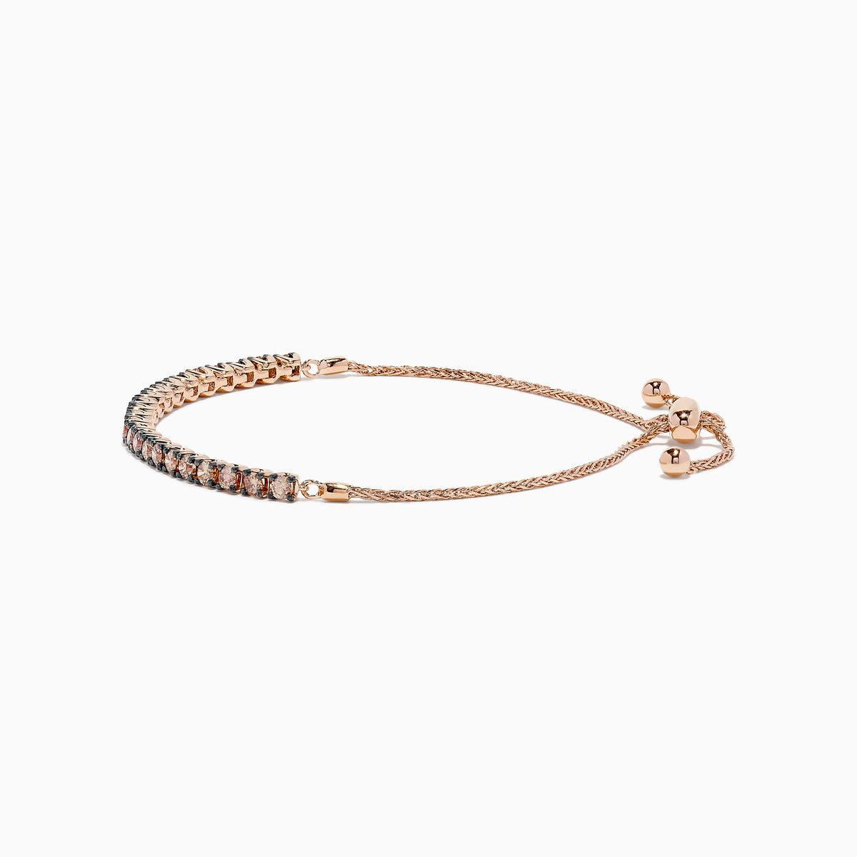 The 14K Rose Gold Espresso Diamond Bolo Bracelet 1.35 TCW features sparkling espresso and clear stones in a delicate adjustable sliding design.