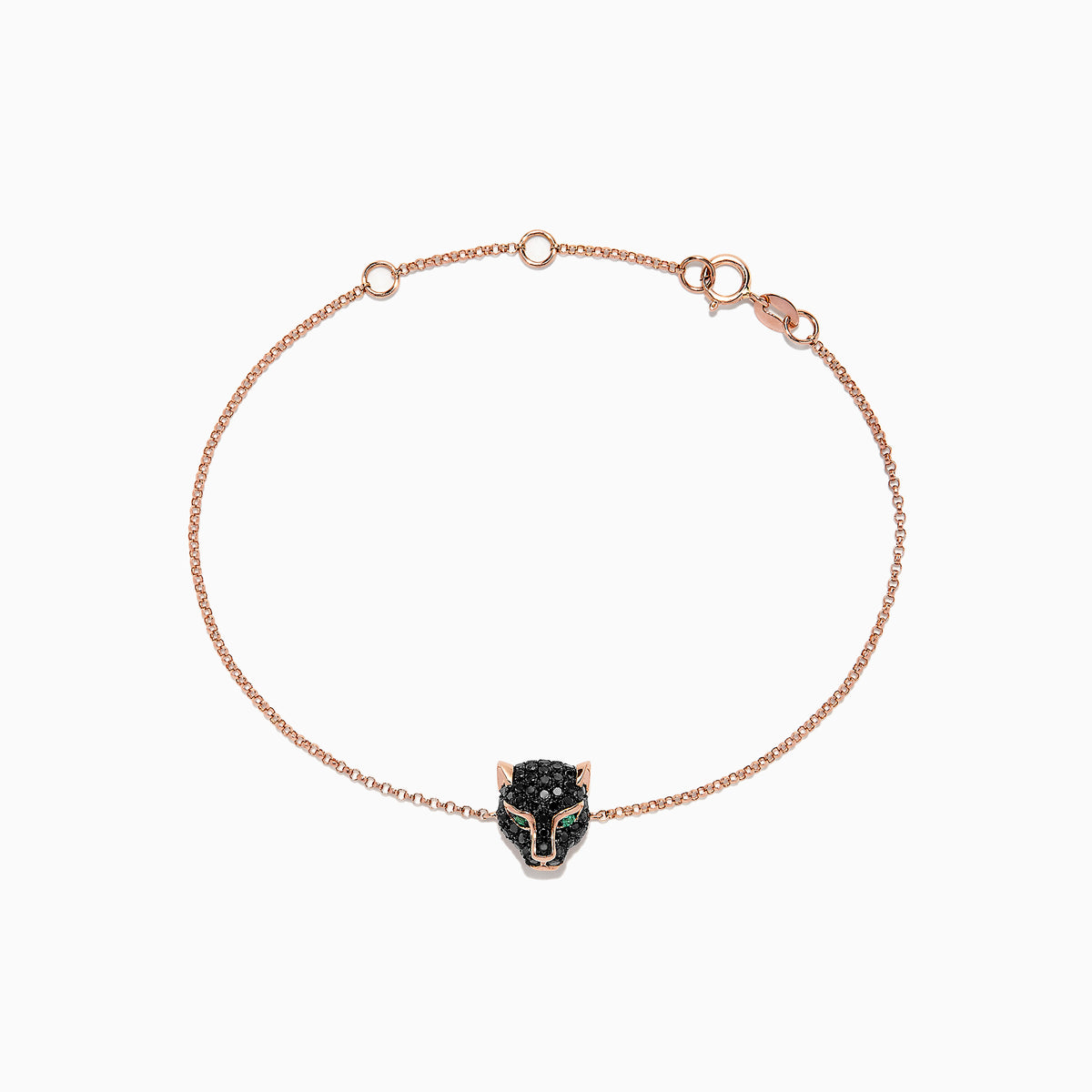 The Signature 14K Rose Gold Black Diamond & Emerald Bracelet, 0.44 TCW, features a delicate chain with a panther head charm set with black diamonds and emeralds, shown on a plain white background.