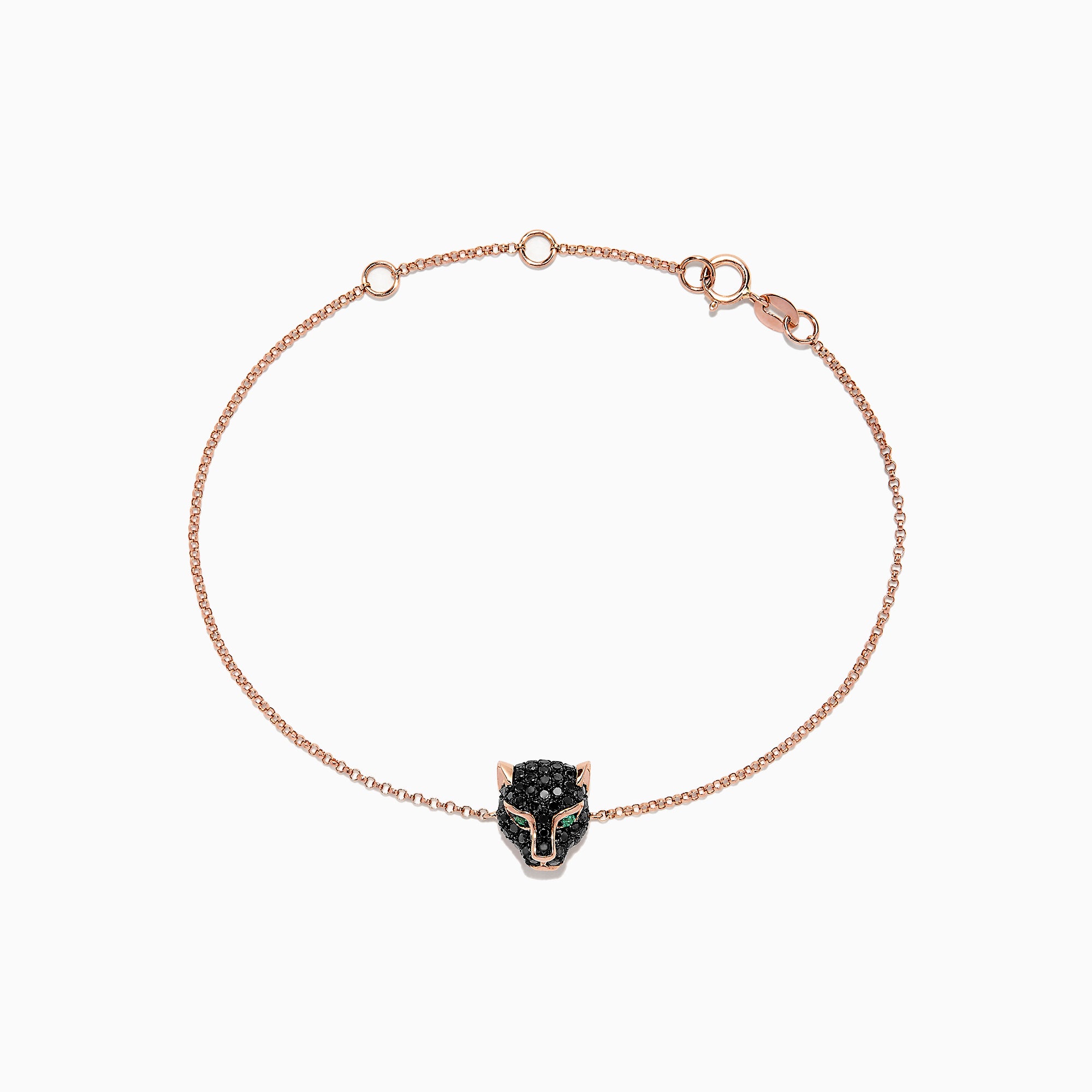 The Signature 14K Rose Gold Black Diamond & Emerald Bracelet, 0.44 TCW, features a delicate chain with a panther head charm set with black diamonds and emeralds, shown on a plain white background.