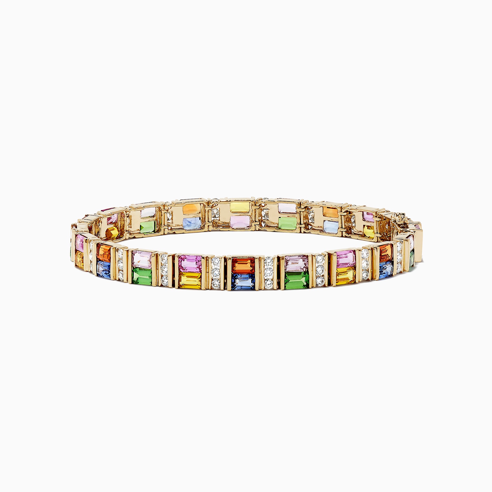The Watercolors 14K Gold Multi Sapphire and Diamond Bracelet, 16.10 TCW, features rectangular blue, pink, green, yellow, and orange sapphires set in a repeating pattern along its length.