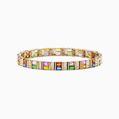 The Watercolors 14K Gold Multi Sapphire and Diamond Bracelet, 16.10 TCW, features rectangular blue, pink, green, yellow, and orange sapphires set in a repeating pattern along its length.