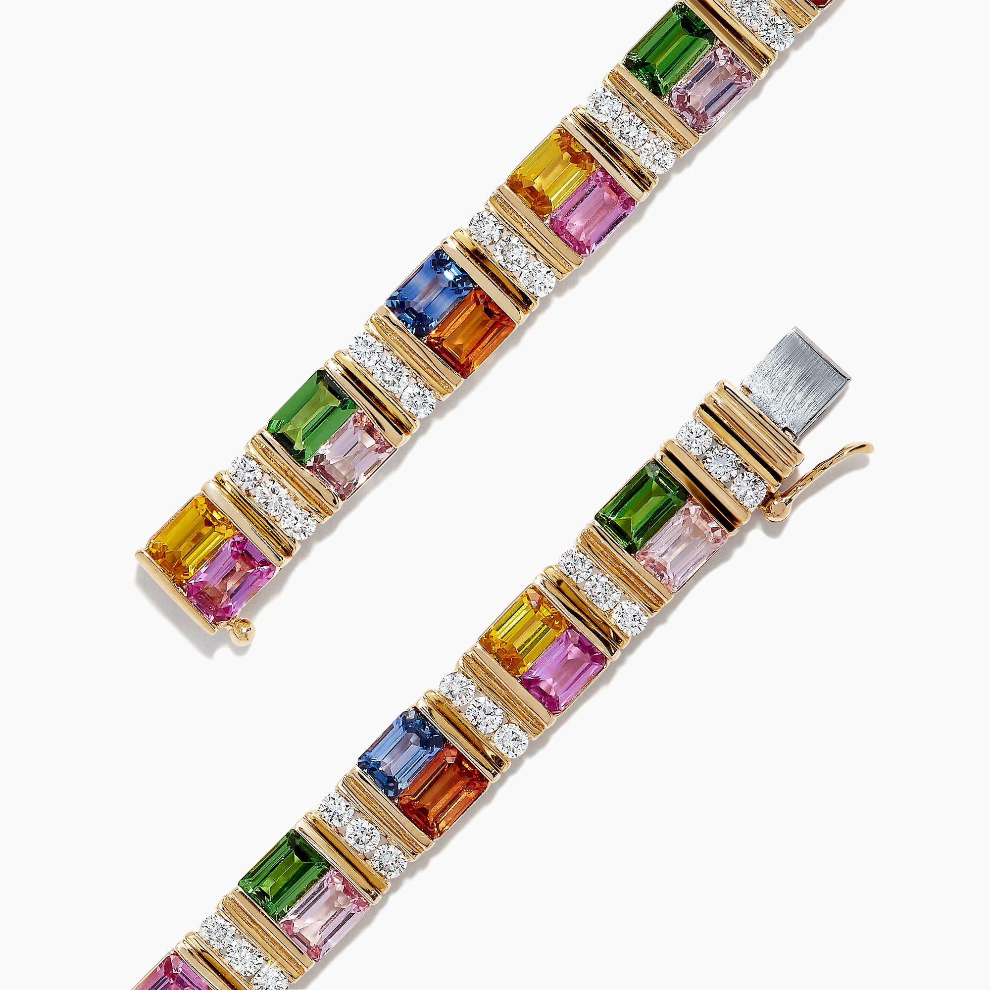 The Watercolors 14K Gold Multi Sapphire and Diamond Bracelet, 16.10 TCW, features rectangular blue, pink, green, yellow, and orange sapphires set in a repeating pattern along its length.