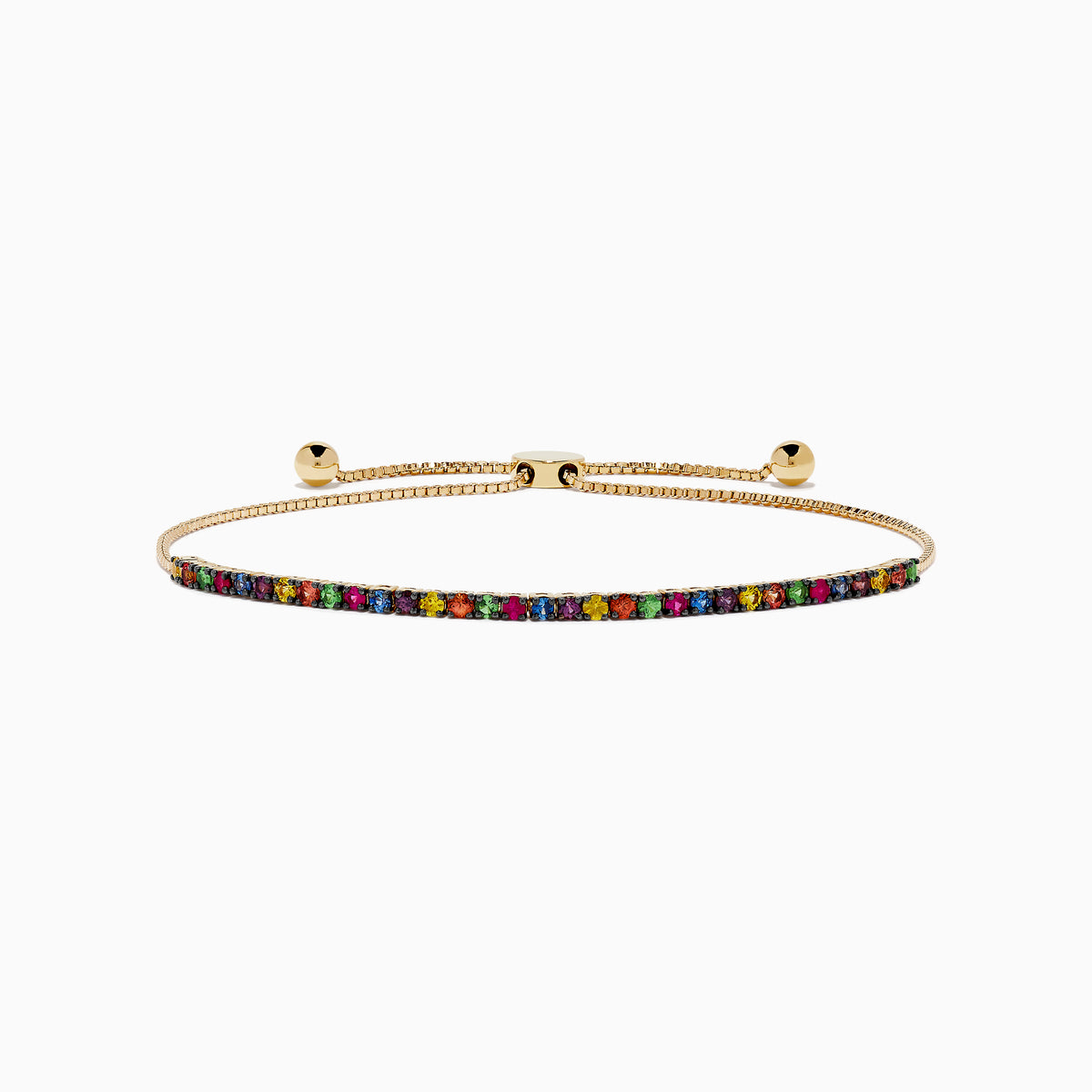 The Watercolors 14K Yellow Gold Tsavorite and Multi Sapphire Tennis Bracelet features closely set vibrant gemstones along an adjustable gold band, showcased on a white background.