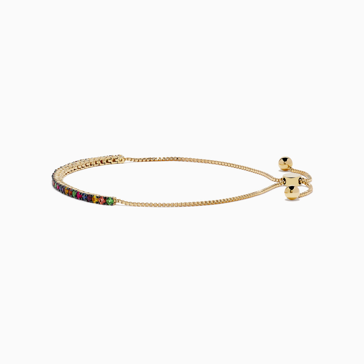 The Watercolors 14K Yellow Gold Tsavorite and Multi Sapphire Tennis Bracelet features closely set vibrant gemstones along an adjustable gold band, showcased on a white background.