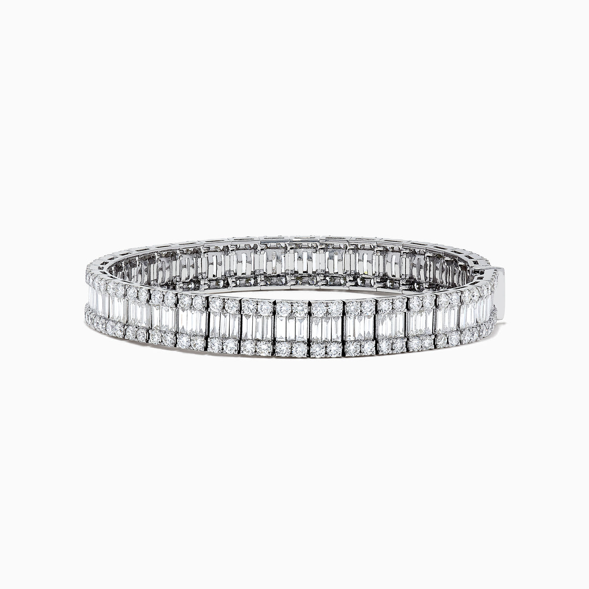 The Classique 14K White Gold Diamond Tennis Bracelet 10 TCW showcases two rows of round diamonds flanking a center row of baguette-cut diamonds, all set in stunning white gold against a white background.