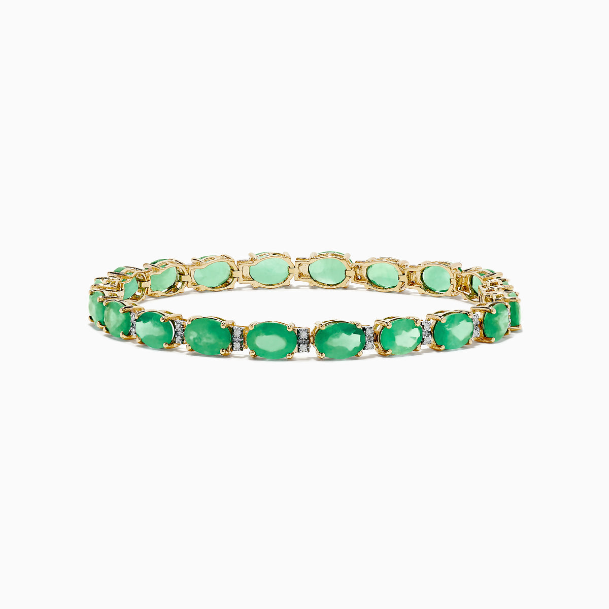 The Brasilica 14K Yellow Gold Emerald and Diamond Bracelet features round green emeralds in prong settings, shown on a white background.