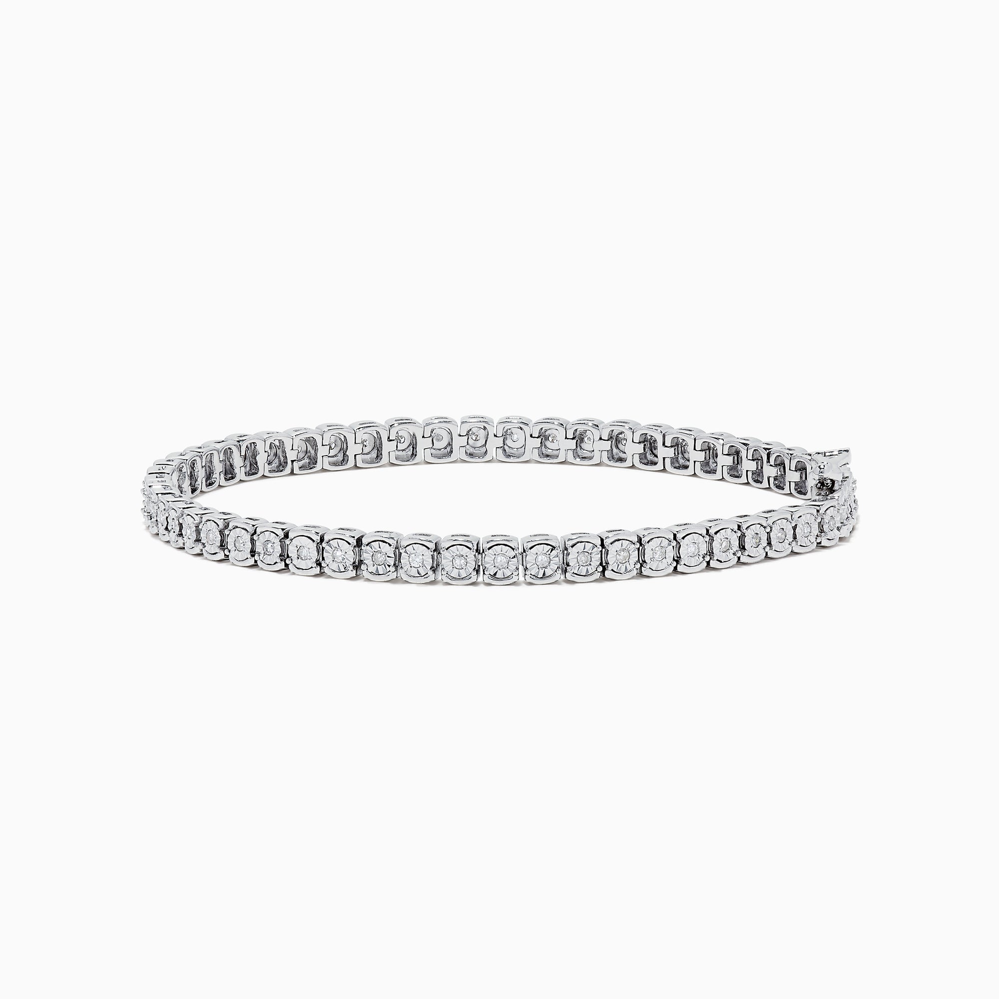 The 925 Sterling Silver Diamond Tennis Bracelet showcases a continuous row of sparkling diamonds set in sterling silver links, displayed on a plain white background.