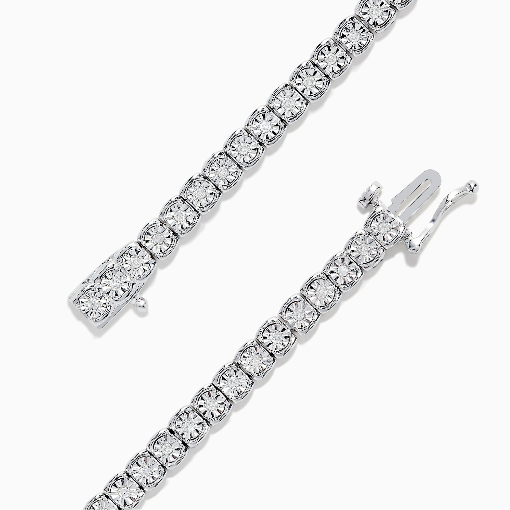 The 925 Sterling Silver Diamond Tennis Bracelet showcases a continuous row of sparkling diamonds set in sterling silver links, displayed on a plain white background.