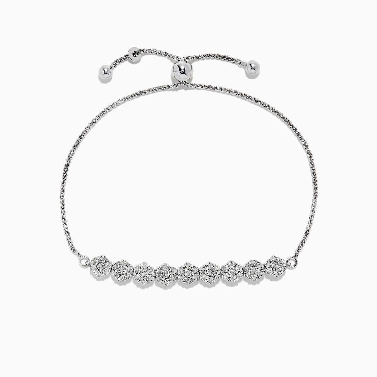 The 925 Sterling Silver Diamond Bolo Bracelet features an adjustable sliding clasp and nine round diamond-studded clusters at the center, totaling 0.22 TCW.