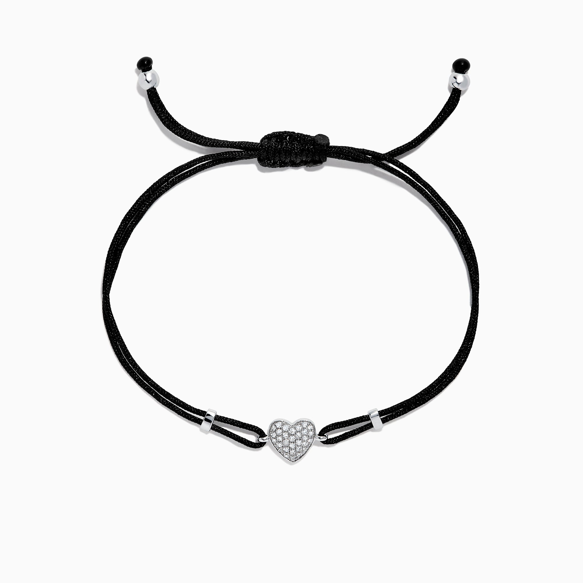 A black cord Novelty 14K White Gold Diamond Heart String Bracelet, 0.13 TCW, with an adjustable sliding knot and a white gold heart charm encrusted with diamonds at the center for sparkling elegance.