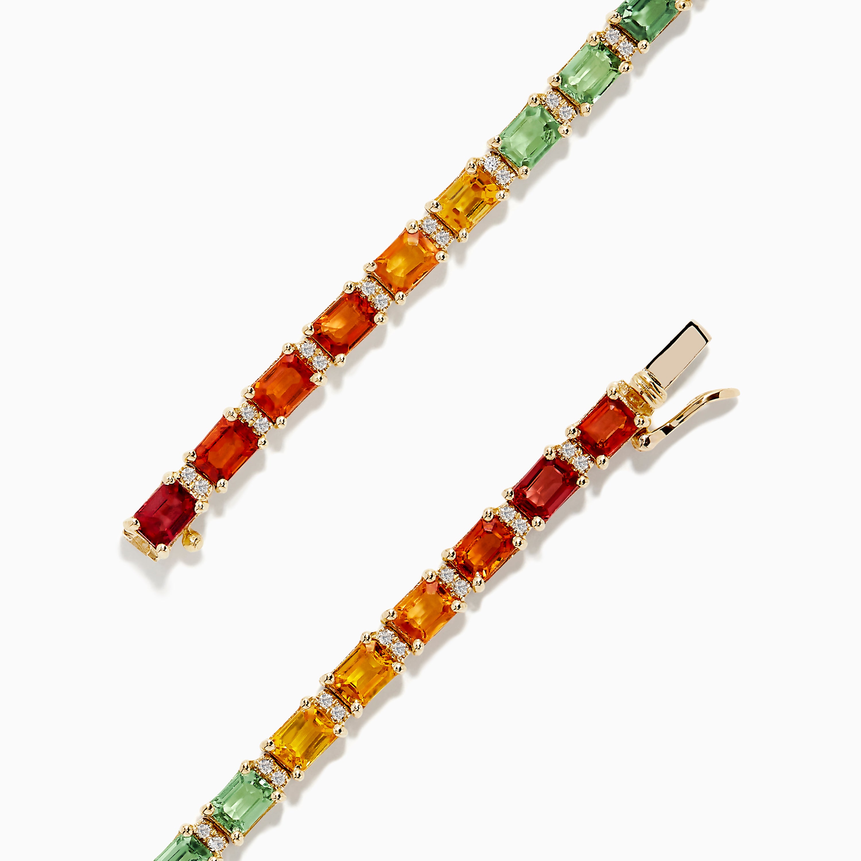 The Watercolors 14K Yellow Gold Multi Sapphire and Diamond Bracelet features rectangular sapphires in a gradient rainbow of pink, blue, green, yellow, and orange for a sparkling, continuous loop on your wrist.