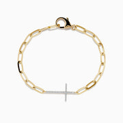 The Doro 14K Yellow Gold Diamond Cross Paperclip Bracelet features elongated links, a sideways diamond cross, and a lobster clasp closure.