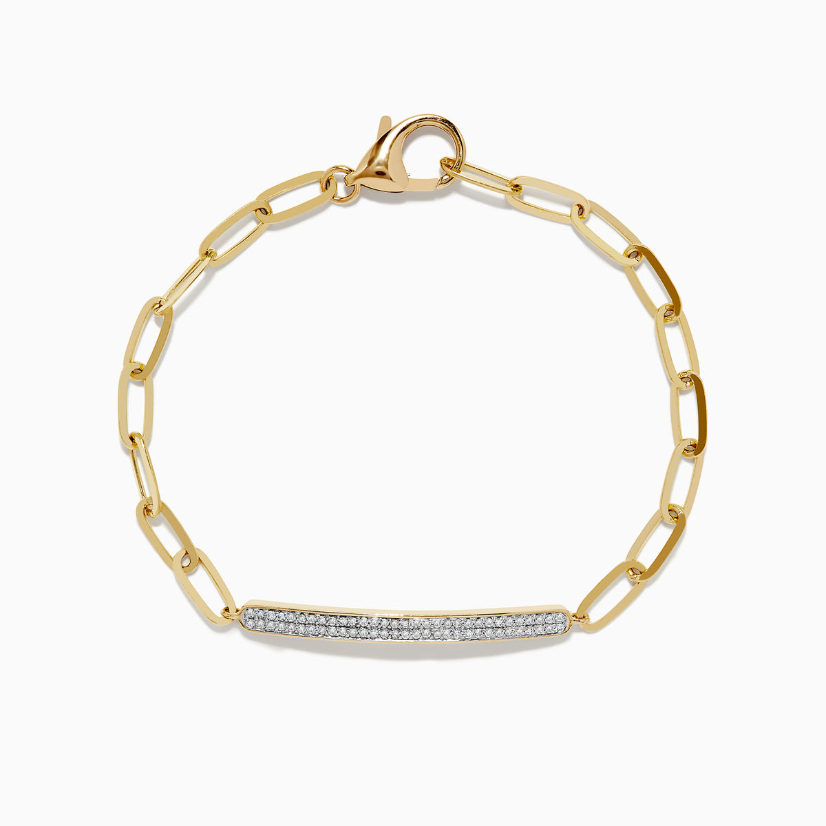 The Doro 14K Yellow Gold Diamond Paperclip Bracelet features elongated links, a curved diamond bar totaling 0.24 TCW, and a secure lobster clasp.