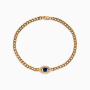 A 14K yellow gold bracelet featuring a central diamond evil eye with a blue sapphire center surrounded by white stones, displayed on a white background.