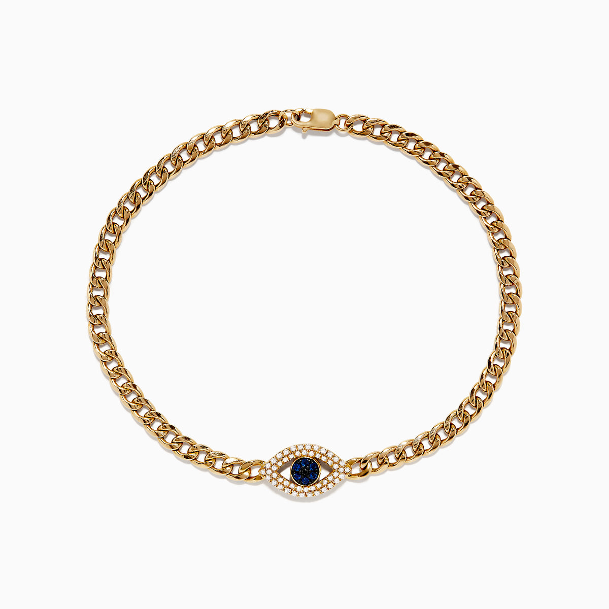 A 14K yellow gold bracelet featuring a central diamond evil eye with a blue sapphire center surrounded by white stones, displayed on a white background.
