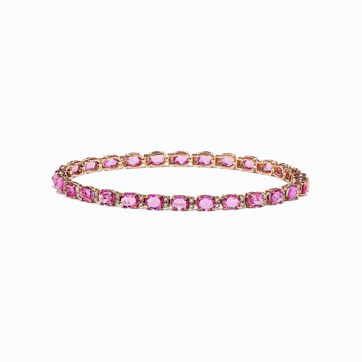 The 14K Rose Gold Pink Sapphire and Diamond Tennis Bracelet (9.03 TCW) features a single row of round pink sapphires in prong settings, displayed against a white background.