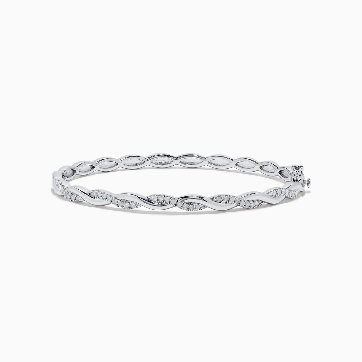 The 925 Sterling Silver Diamond Bangle features an elegant twisted design with alternating smooth sections and sparkling diamond accents.