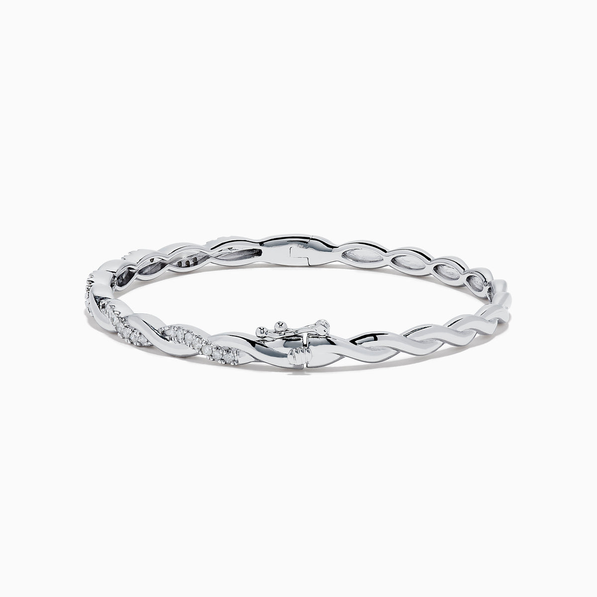 The 925 Sterling Silver Diamond Bangle features an elegant twisted design with alternating smooth sections and sparkling diamond accents.