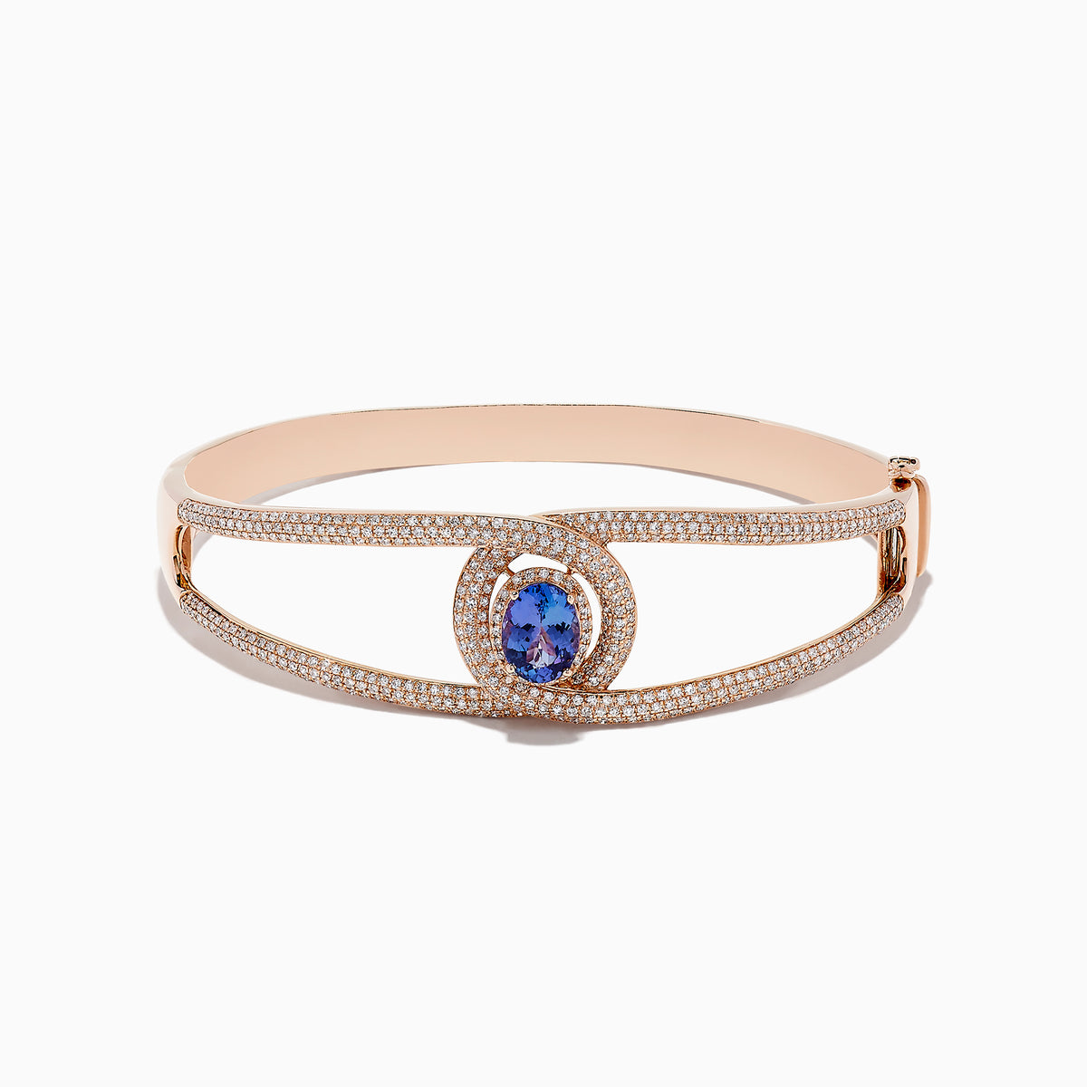 The Nahla Siri 14K Rose Gold Tanzanite and Diamond Bangle, 3.76 TCW, features a central oval tanzanite encircled by white diamonds and additional diamonds along its elegant openwork band.