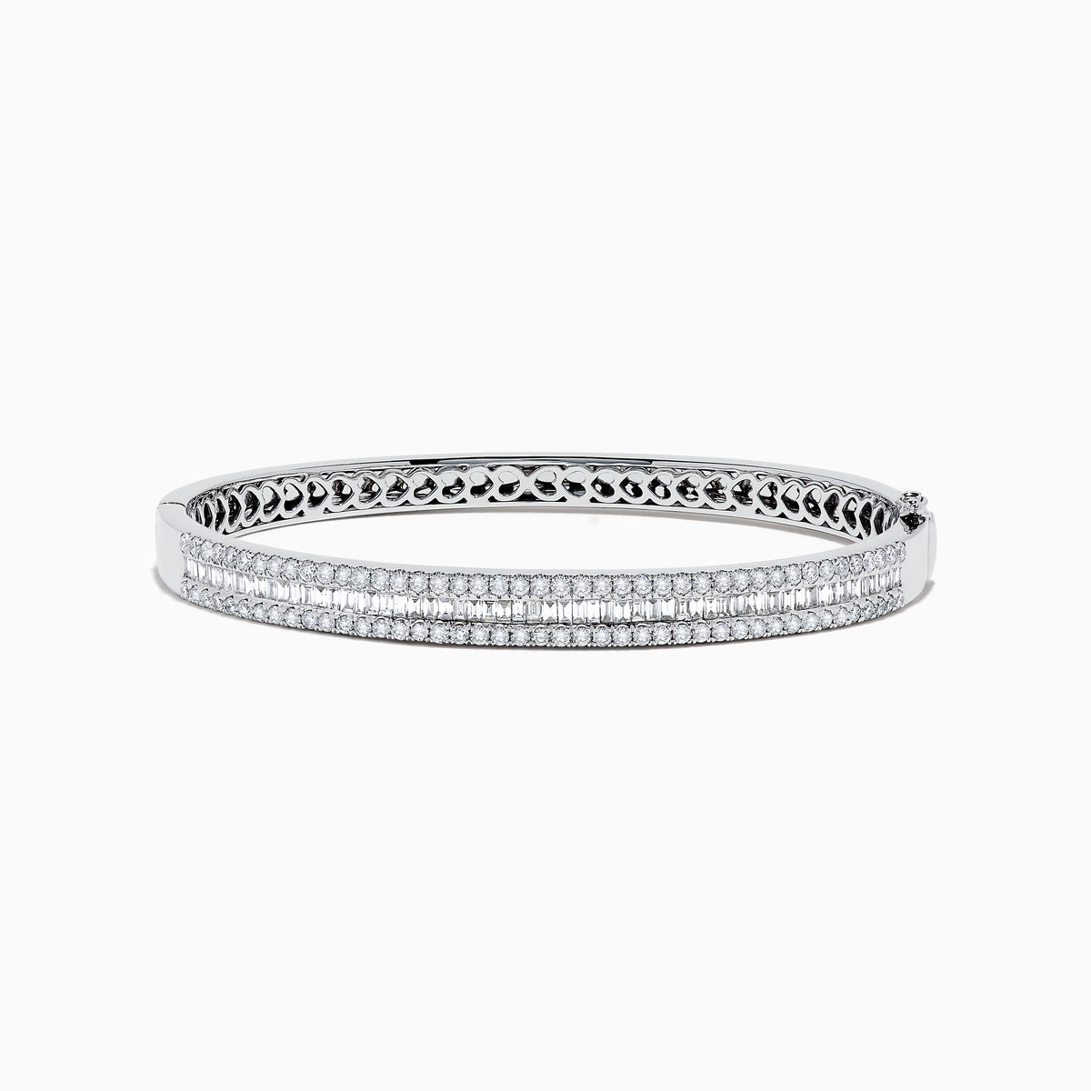 The Classique 14K White Gold Diamond Bangle 2.41 TCW features two rows of sparkling diamonds along the front and an intricate cutout interior, blending elegance and craftsmanship from the Effy Classique collection.