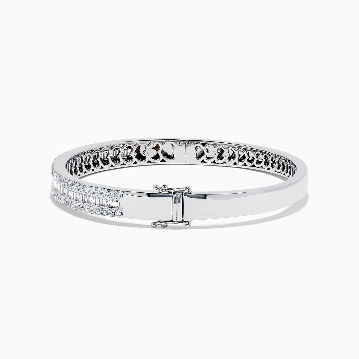 The Classique 14K White Gold Diamond Bangle 2.41 TCW features two rows of sparkling diamonds along the front and an intricate cutout interior, blending elegance and craftsmanship from the Effy Classique collection.