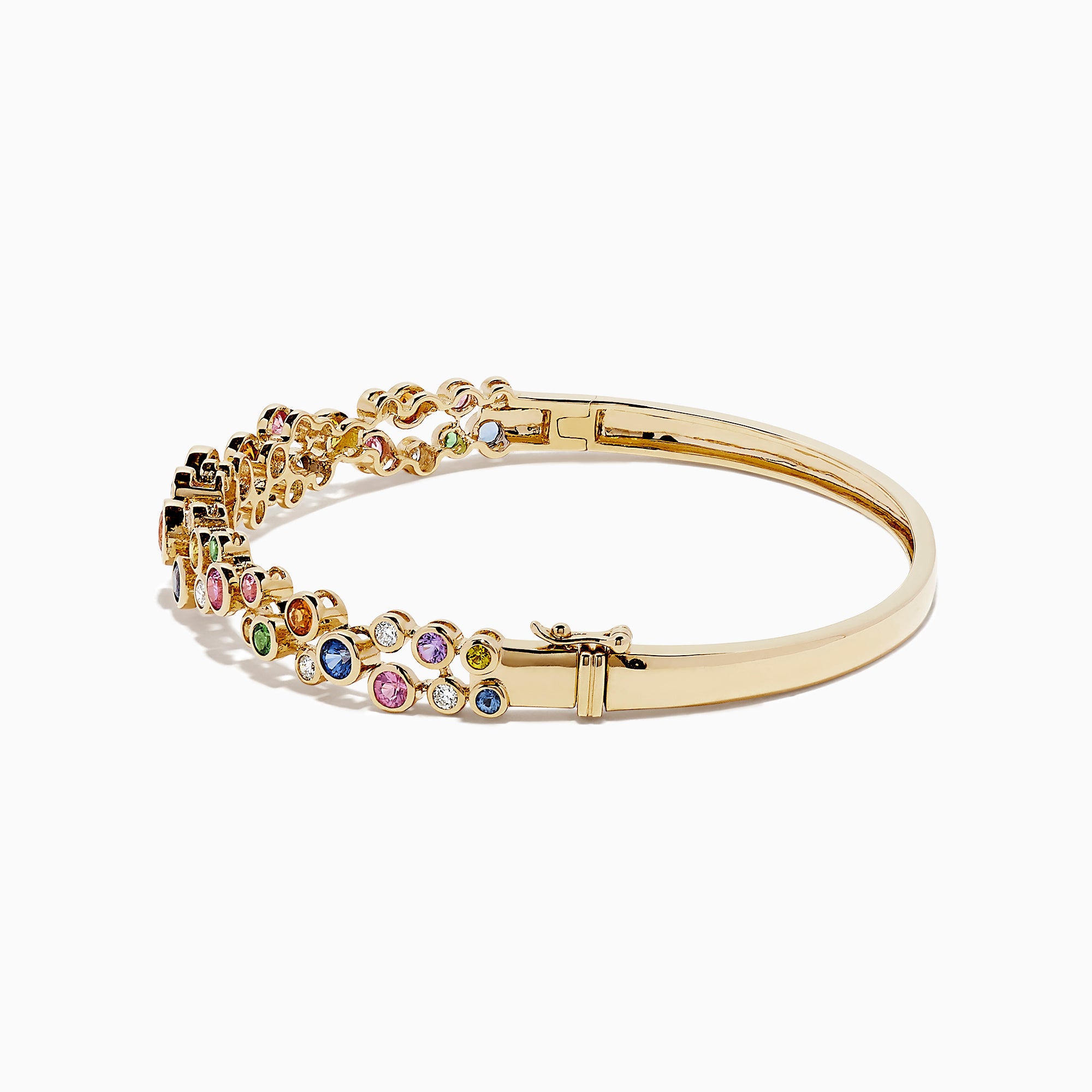 The Watercolors 14K Gold Multi Sapphire and Diamond Bangle, 2.80 TCW, features a scattered array of pink, blue, green, orange, and clear gemstones with diamonds for a vibrant, organic look.