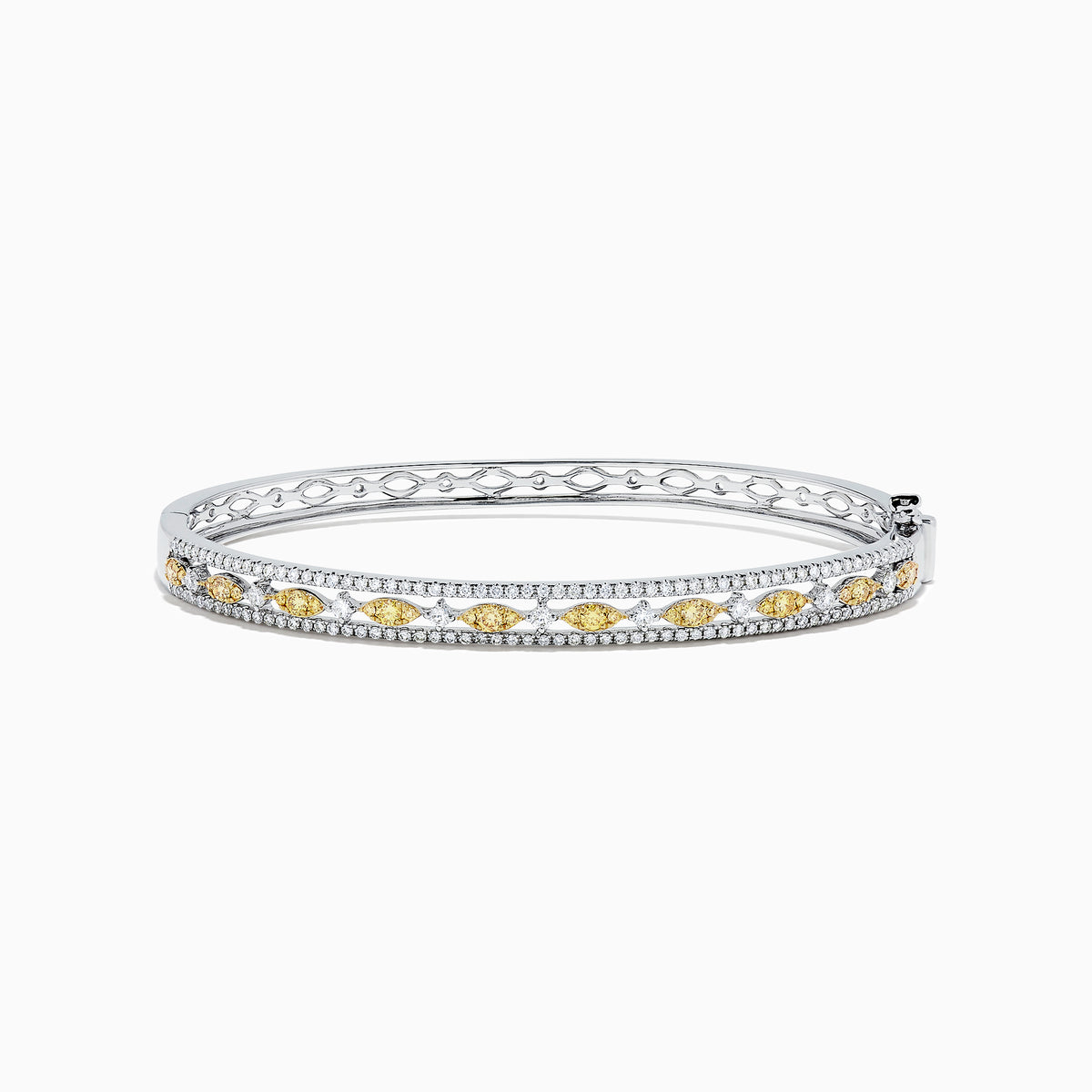 The Canare 14K White Gold Yellow and White Diamond Bangle, 1.27 TCW, features a stunning row of yellow and white diamonds in an intricate center design, elegantly showcased on a white background.