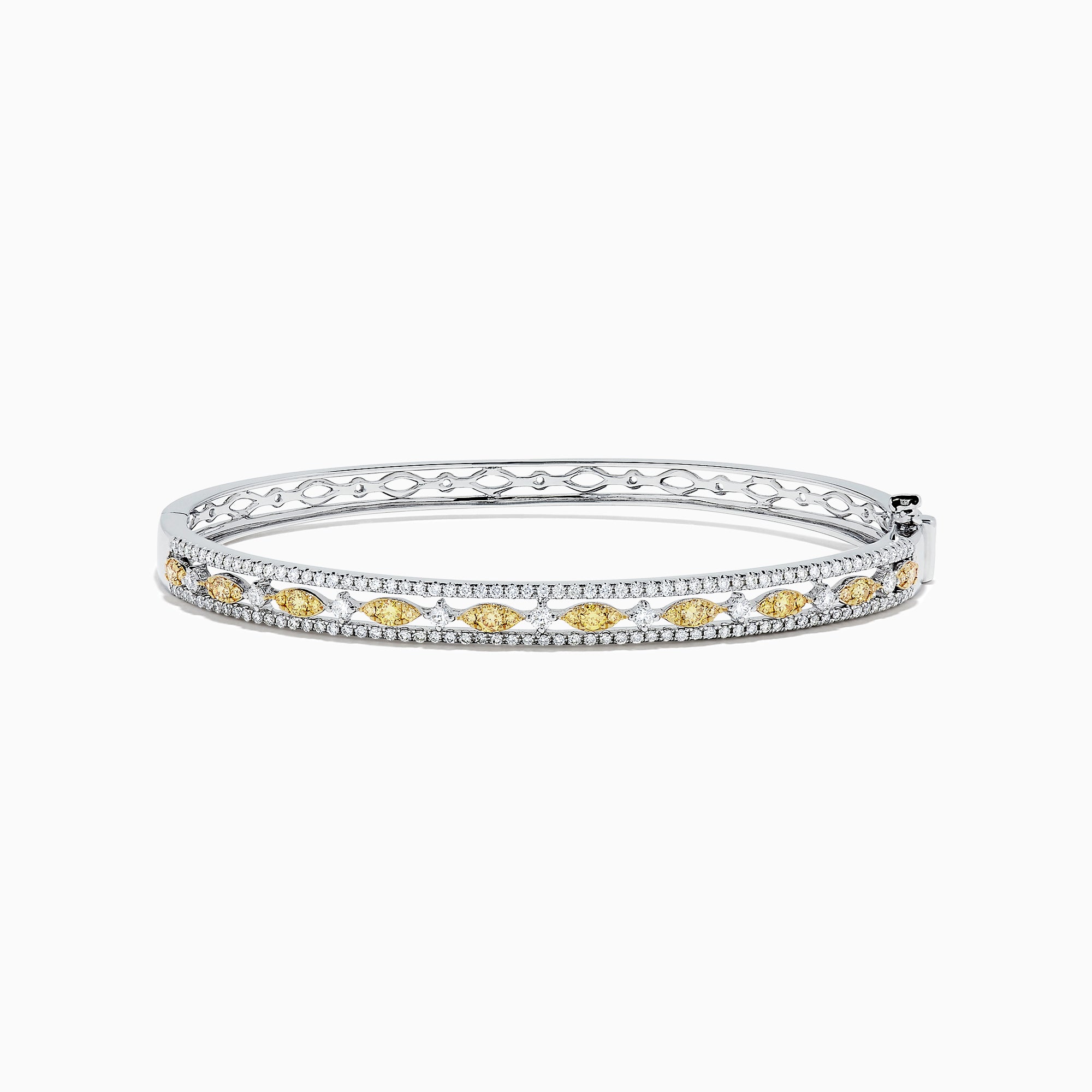 The Canare 14K White Gold Yellow and White Diamond Bangle, 1.27 TCW, features a stunning row of yellow and white diamonds in an intricate center design, elegantly showcased on a white background.