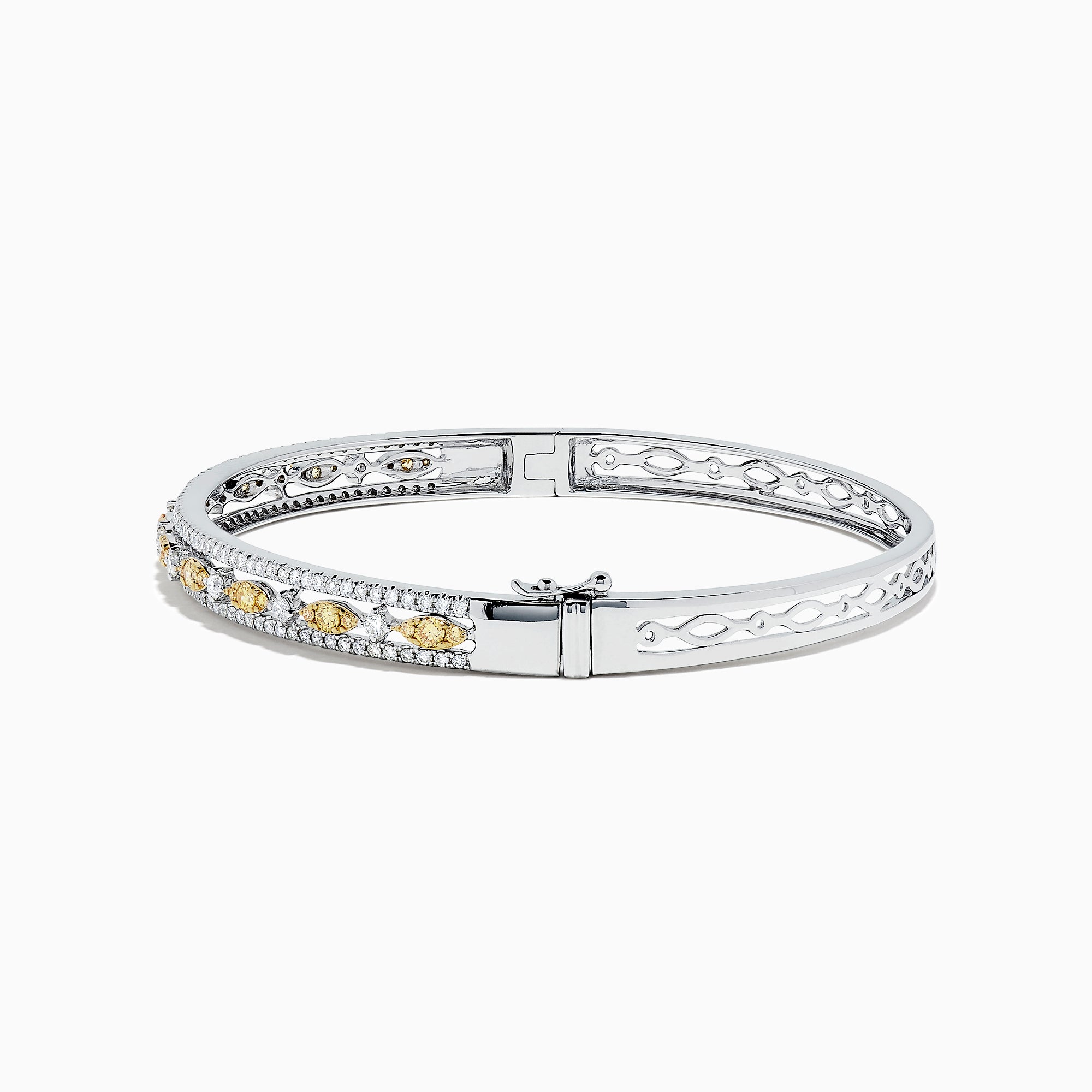 The Canare 14K White Gold Yellow and White Diamond Bangle, 1.27 TCW, features a stunning row of yellow and white diamonds in an intricate center design, elegantly showcased on a white background.