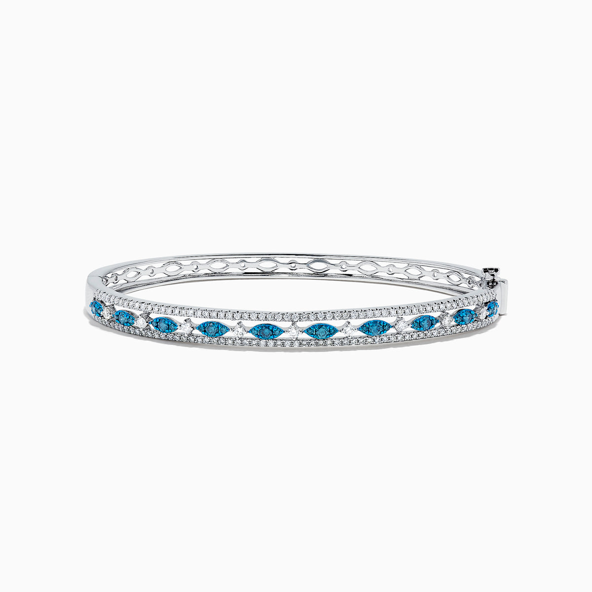 The Bella Bleu 14K White Gold Blue and White Diamond Bangle, 1.27 TCW, features a row of oval blue and white diamonds between two lines of small white crystals, shown on a white background.