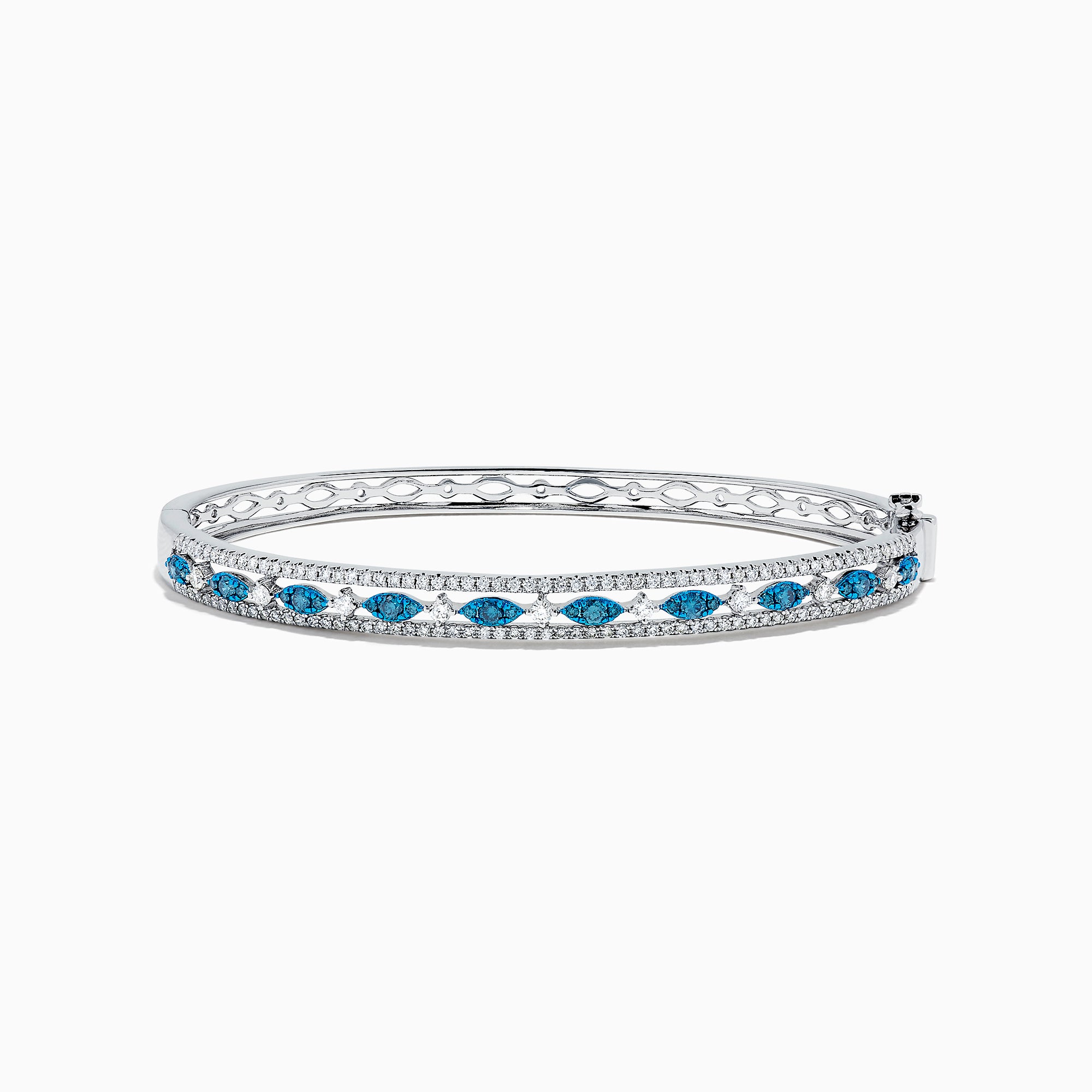 The Bella Bleu 14K White Gold Blue and White Diamond Bangle, 1.27 TCW, features a row of oval blue and white diamonds between two lines of small white crystals, shown on a white background.