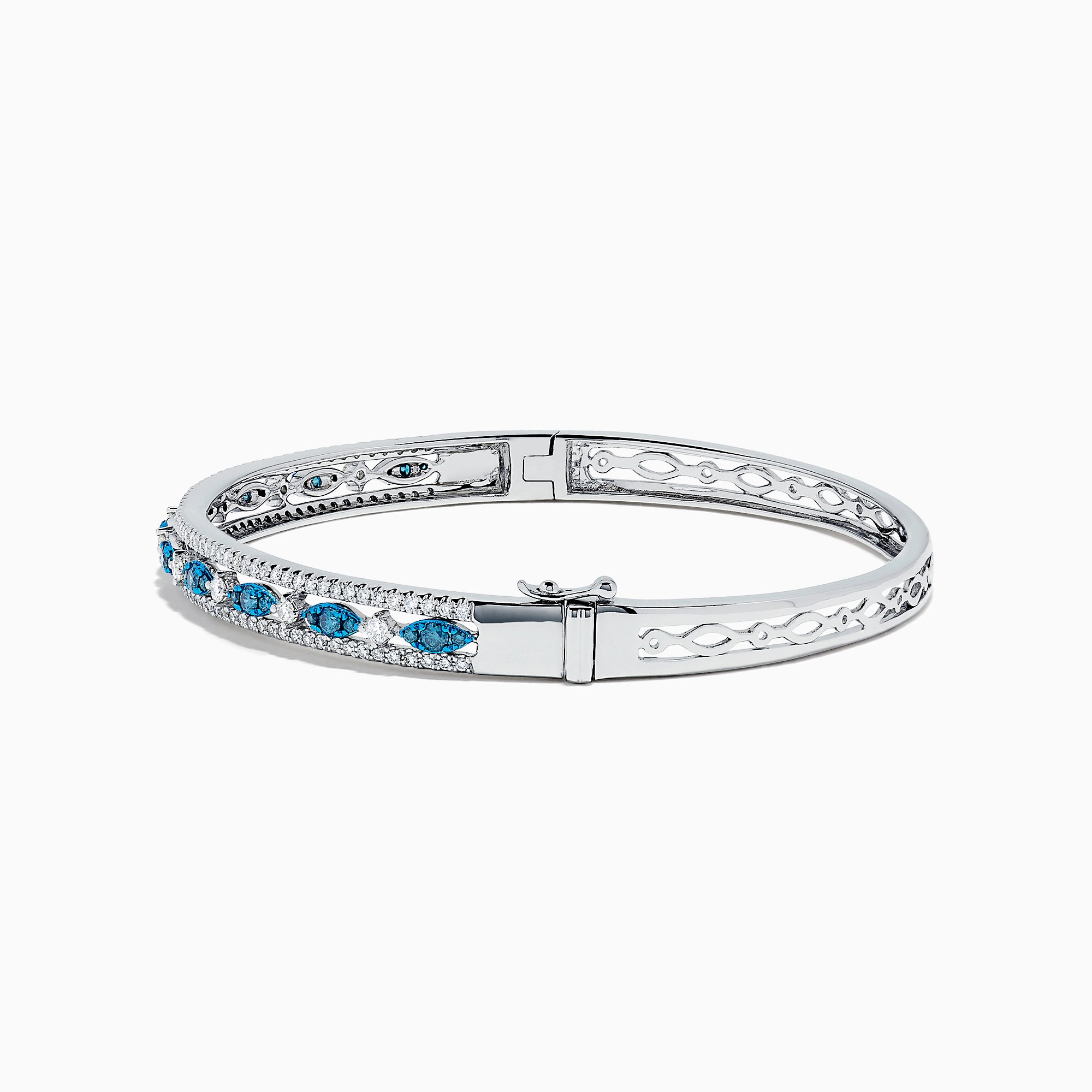 The Bella Bleu 14K White Gold Blue and White Diamond Bangle, 1.27 TCW, features a row of oval blue and white diamonds between two lines of small white crystals, shown on a white background.