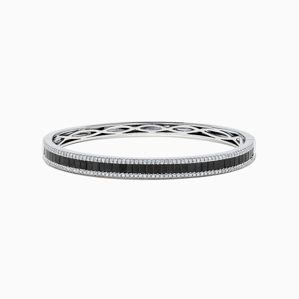 The 14K White Gold Black and White Diamond Bangle, 3.93 TCW, showcases a row of black diamonds at the center with intricate edge detailing, presented against a white background.