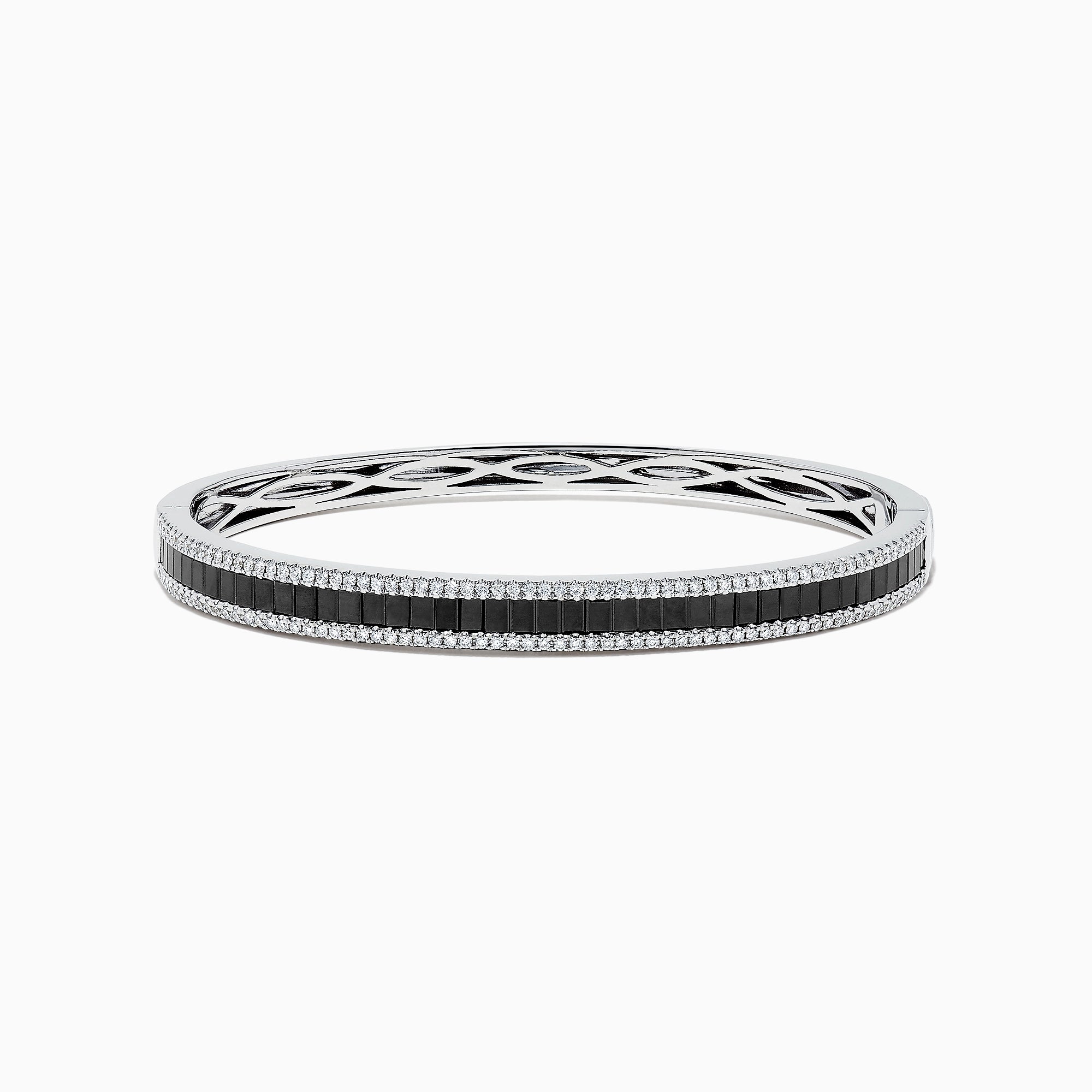 The 14K White Gold Black and White Diamond Bangle, 3.93 TCW, showcases a row of black diamonds at the center with intricate edge detailing, presented against a white background.