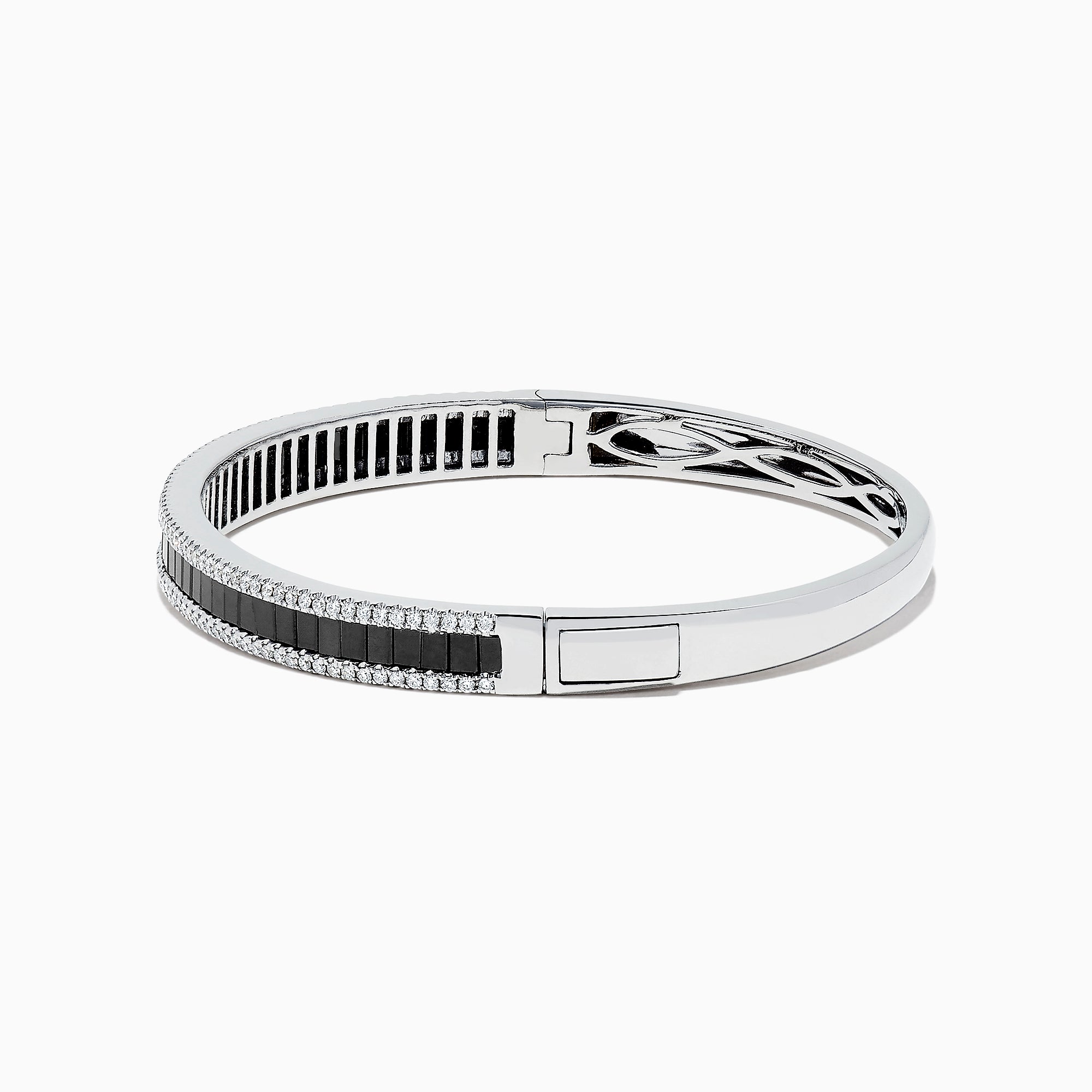 The 14K White Gold Black and White Diamond Bangle, 3.93 TCW, showcases a row of black diamonds at the center with intricate edge detailing, presented against a white background.