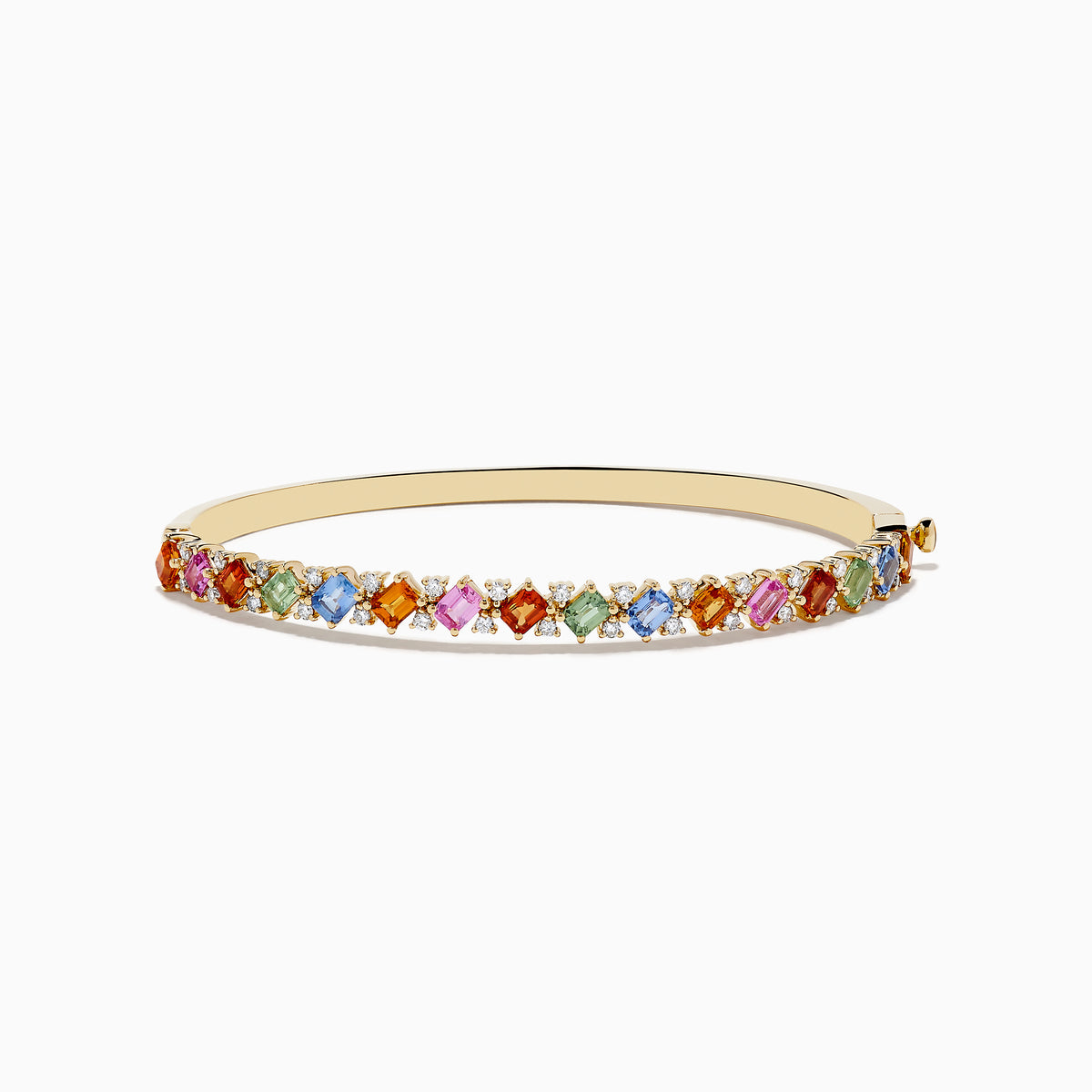 The 14K Yellow Gold Multi Sapphire and Diamond Bangle features a row of multicolored sapphires flanked by diamonds, set across the top against a plain white background.