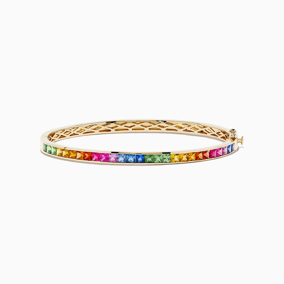 The Watercolors 14K Yellow Gold Multi Sapphire Bangle showcases a row of square-cut rainbow sapphires atop a lattice-designed bangle with a simple clasp, inspired by the Effy Watercolors collection.