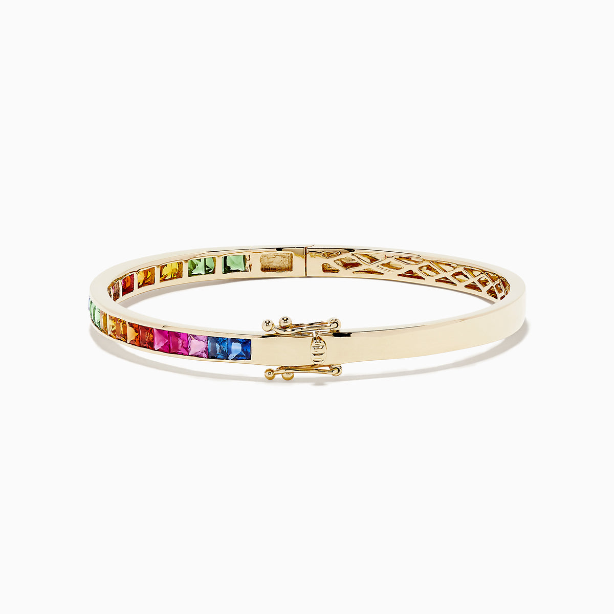 The Watercolors 14K Yellow Gold Multi Sapphire Bangle showcases a row of square-cut rainbow sapphires atop a lattice-designed bangle with a simple clasp, inspired by the Effy Watercolors collection.