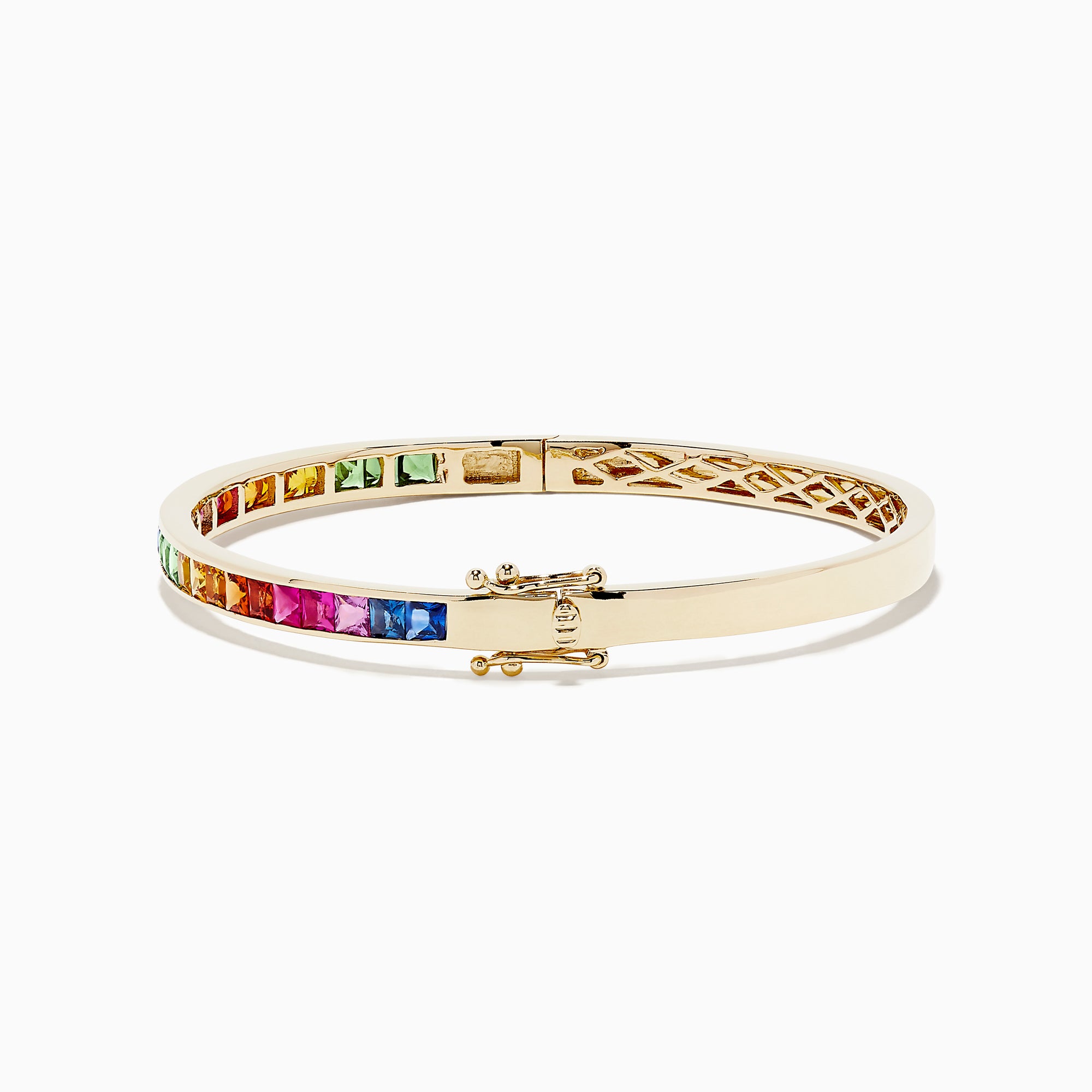 The Watercolors 14K Yellow Gold Multi Sapphire Bangle showcases a row of square-cut rainbow sapphires atop a lattice-designed bangle with a simple clasp, inspired by the Effy Watercolors collection.