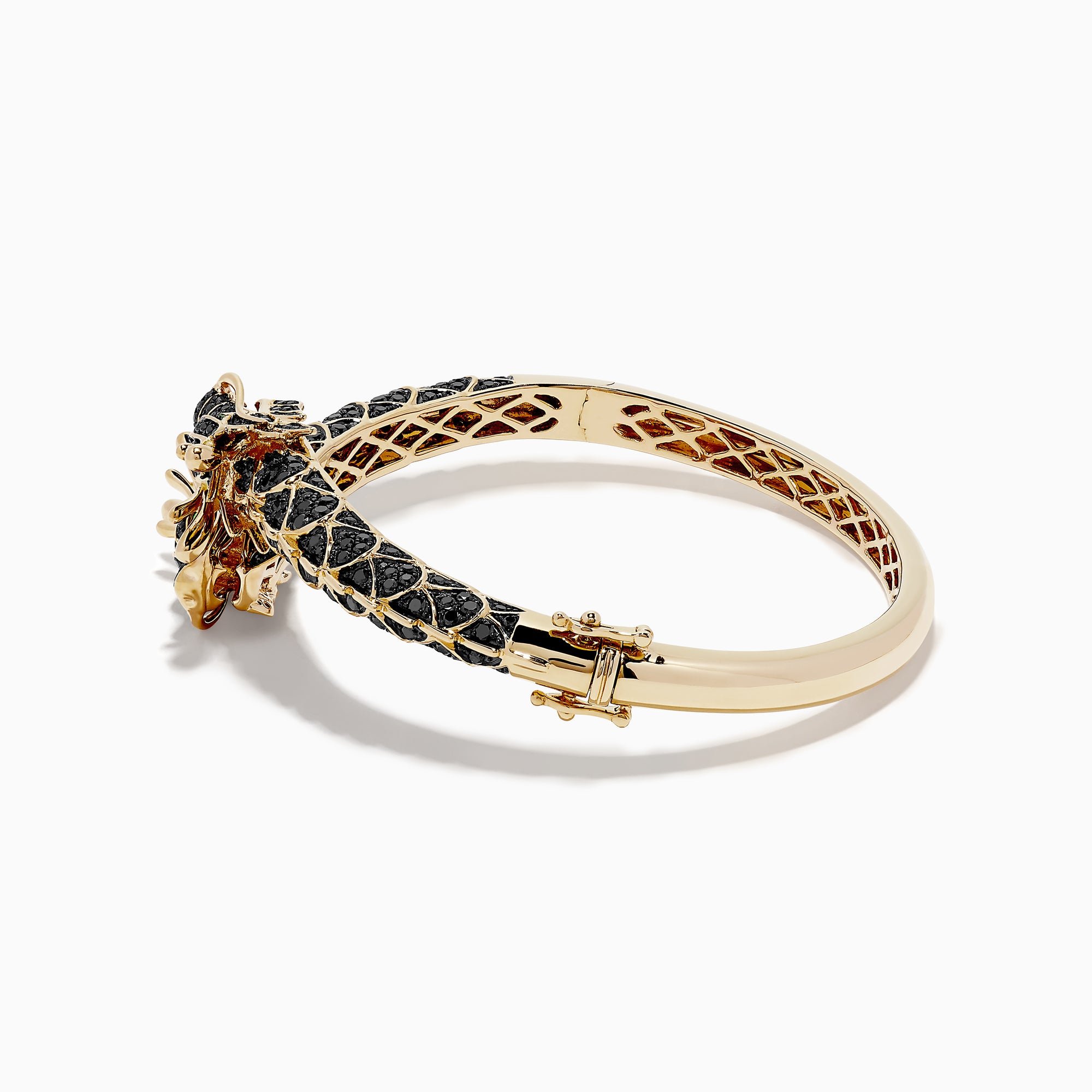 The Safari 14K Yellow Gold Black Diamond Dragon Bangle showcases a detailed dragon design with black scale patterns and gold accents, featuring the dragon’s head and claws as the clasp for a bold, mythical touch.