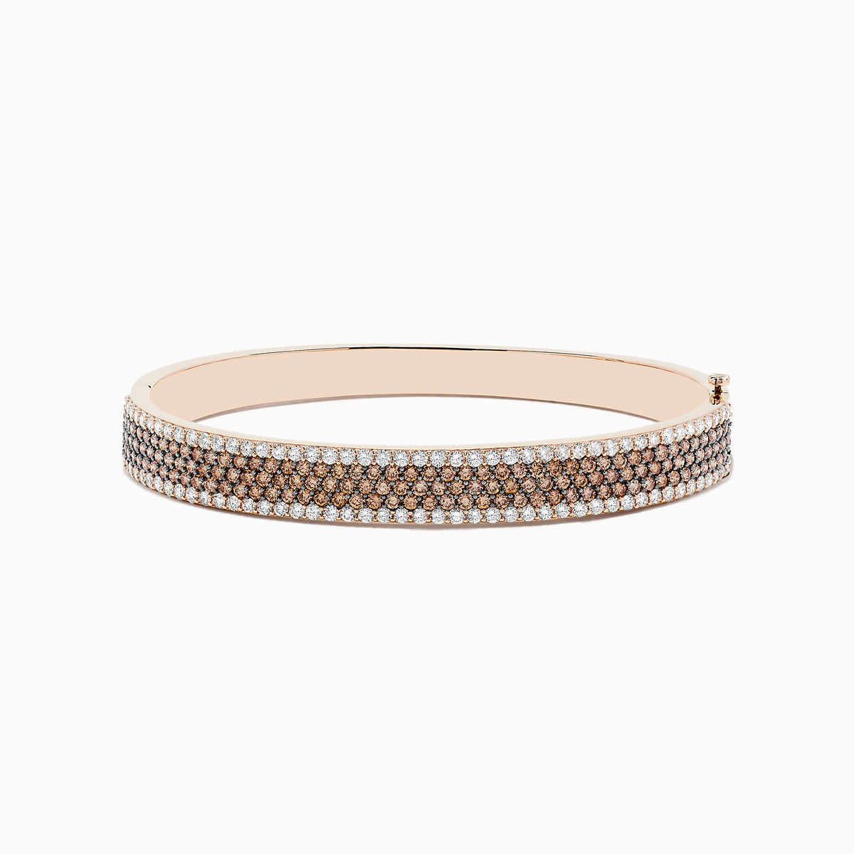 The 14K Rose Gold Espresso and White Diamond Bangle features rows of sparkling espresso brown and white diamonds, beautifully showcased against a plain white background.