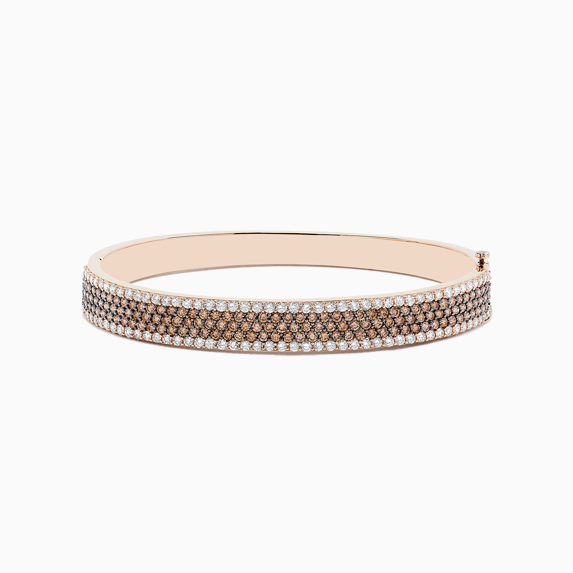 The 14K Rose Gold Espresso and White Diamond Bangle features rows of sparkling espresso brown and white diamonds, beautifully showcased against a plain white background.