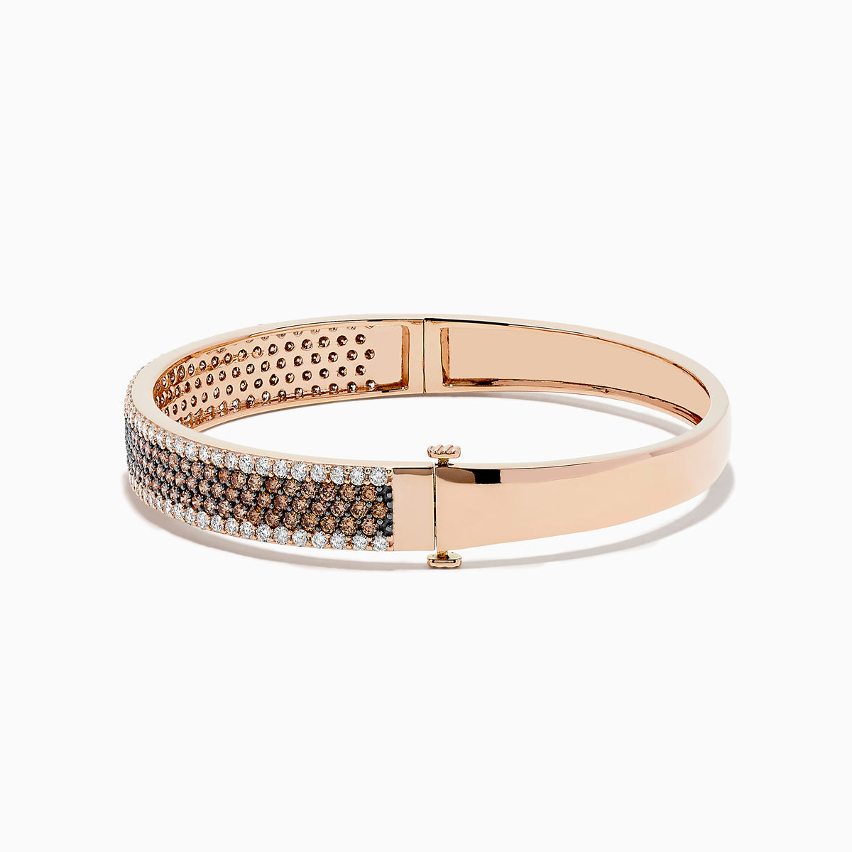 The 14K Rose Gold Espresso and White Diamond Bangle features rows of sparkling espresso brown and white diamonds, beautifully showcased against a plain white background.