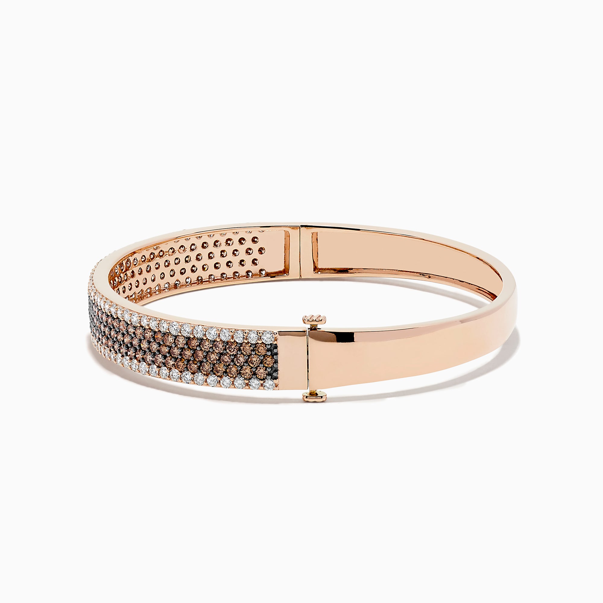 The 14K Rose Gold Espresso and White Diamond Bangle features rows of sparkling espresso brown and white diamonds, beautifully showcased against a plain white background.