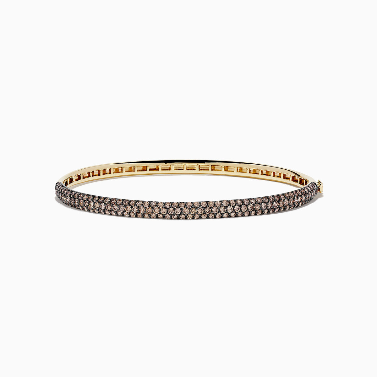The 14K Yellow Gold Espresso Diamond Pave Bangle, 3.12 TCW, features two rows of sparkling espresso diamonds set along the outer surface for a sleek and elegant look.