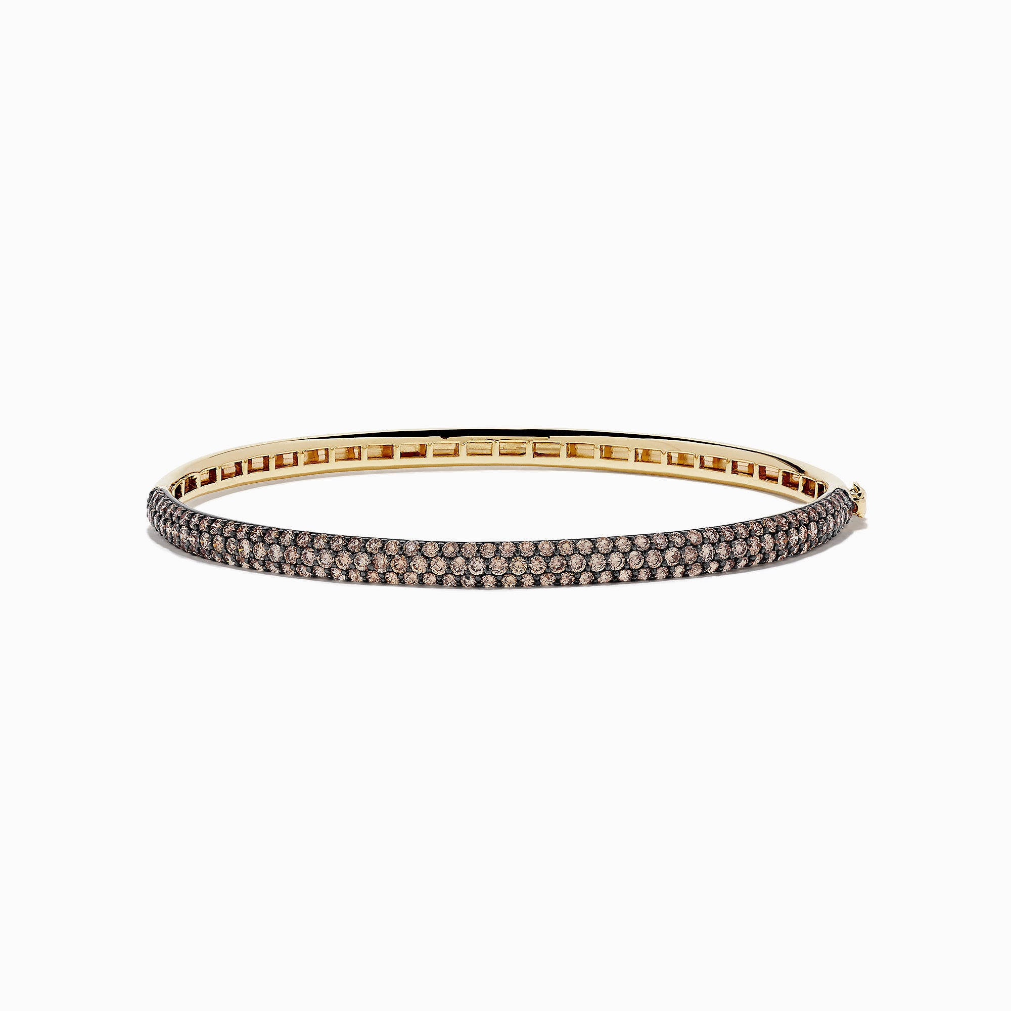 The 14K Yellow Gold Espresso Diamond Pave Bangle, 3.12 TCW, features two rows of sparkling espresso diamonds set along the outer surface for a sleek and elegant look.