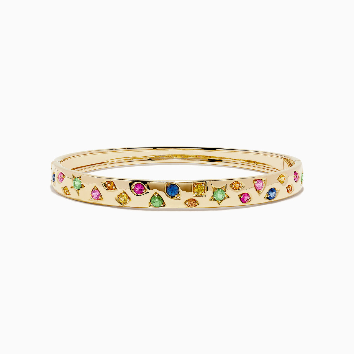 The Watercolors 14K Yellow Gold Multi Sapphire Bangle features sapphires in pink, green, blue, and yellow shades arranged in a scattered design around the band.