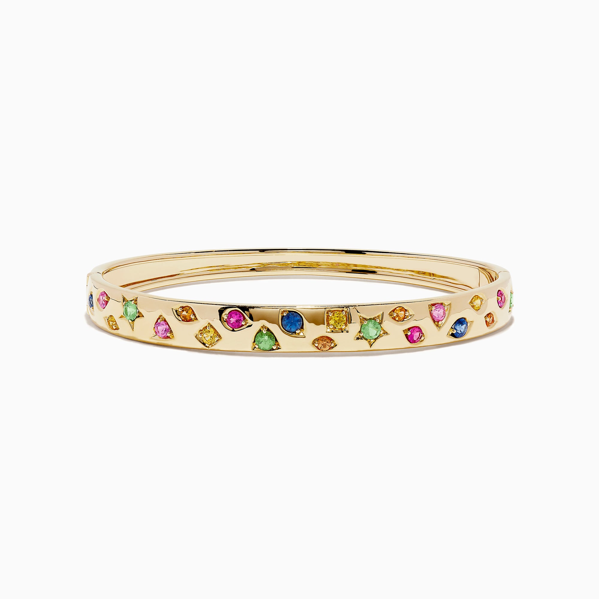 The Watercolors 14K Yellow Gold Multi Sapphire Bangle features sapphires in pink, green, blue, and yellow shades arranged in a scattered design around the band.