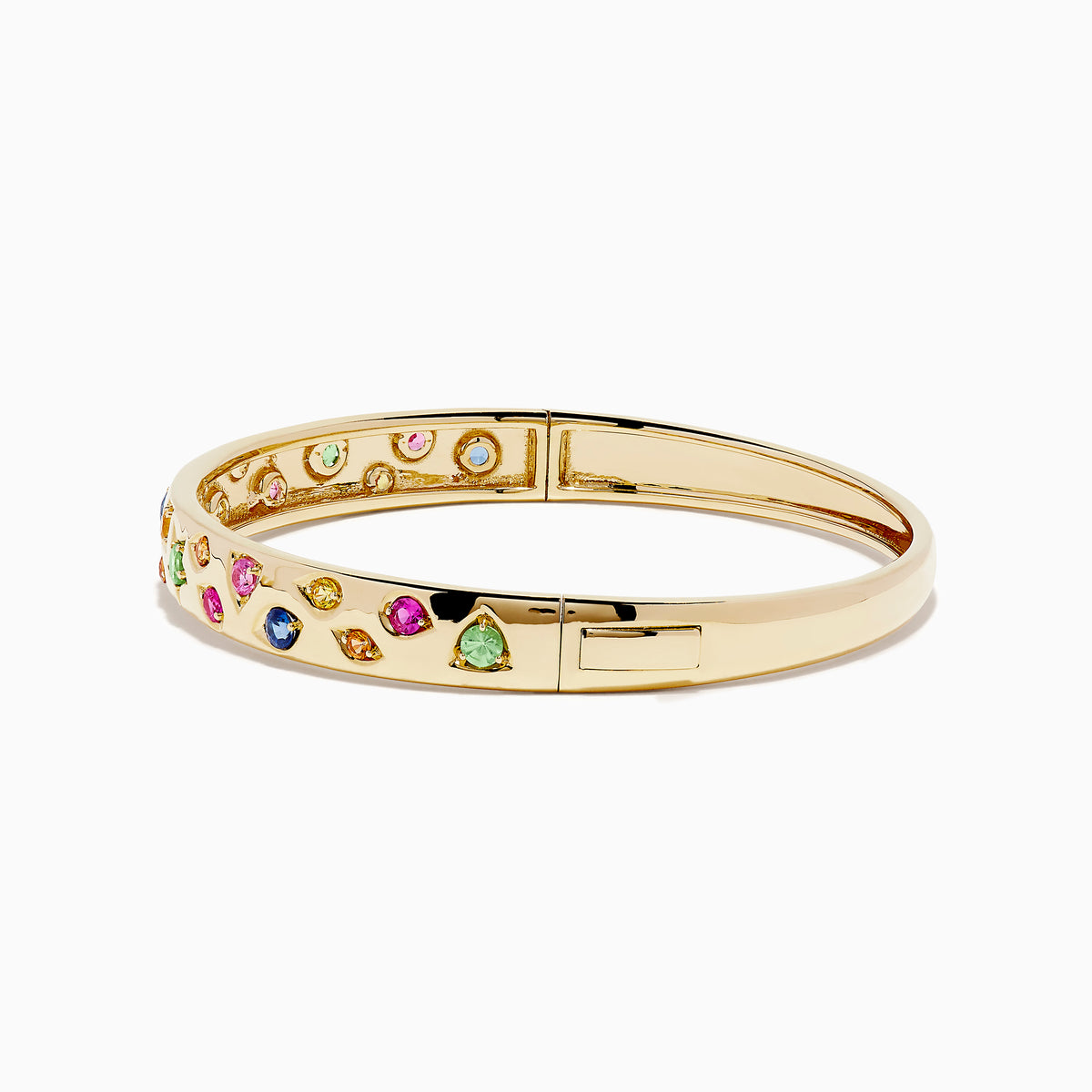 The Watercolors 14K Yellow Gold Multi Sapphire Bangle features sapphires in pink, green, blue, and yellow shades arranged in a scattered design around the band.